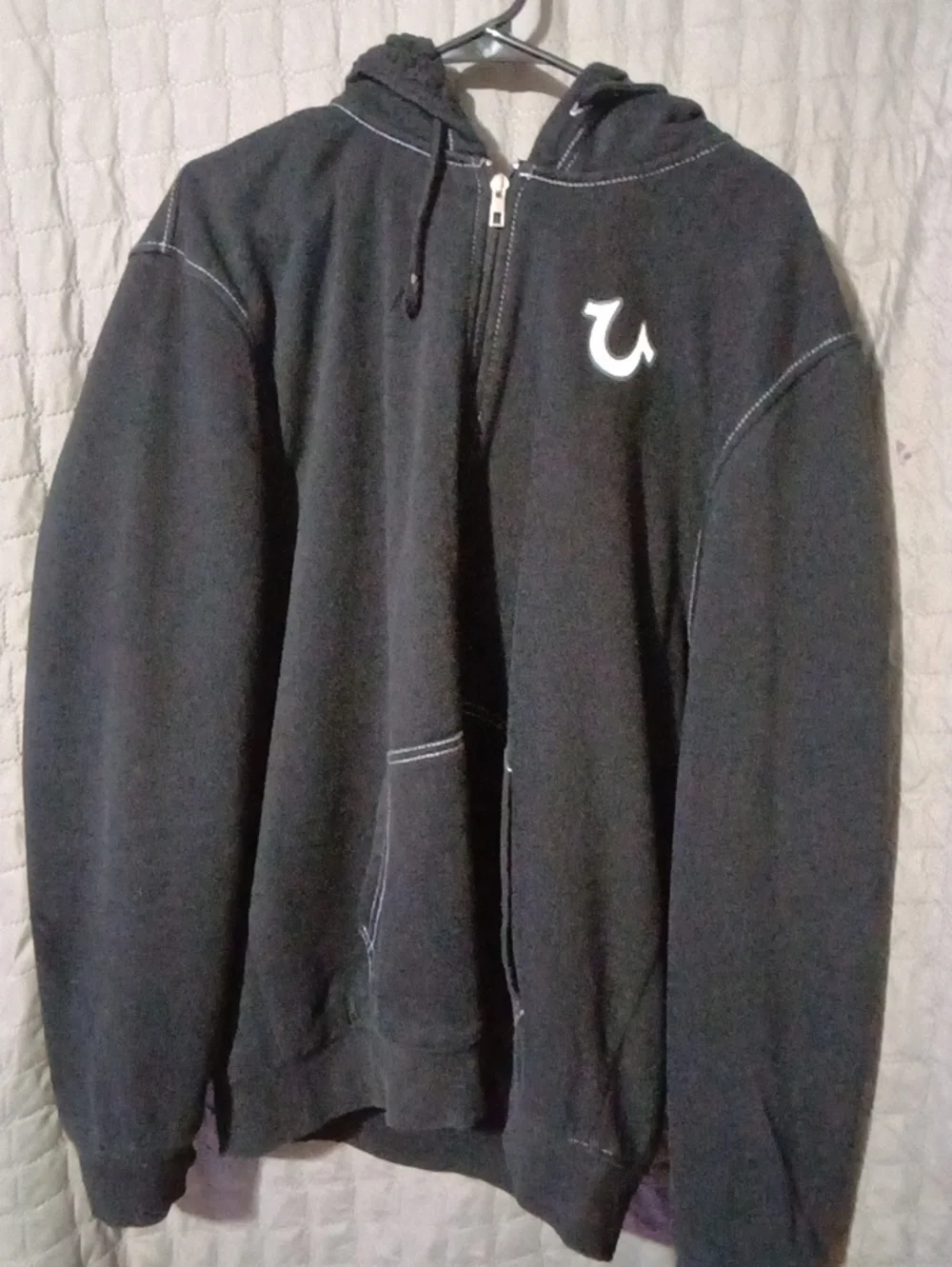 True Religion Black Zip-Up Hooded Sweatshirt with White Logo